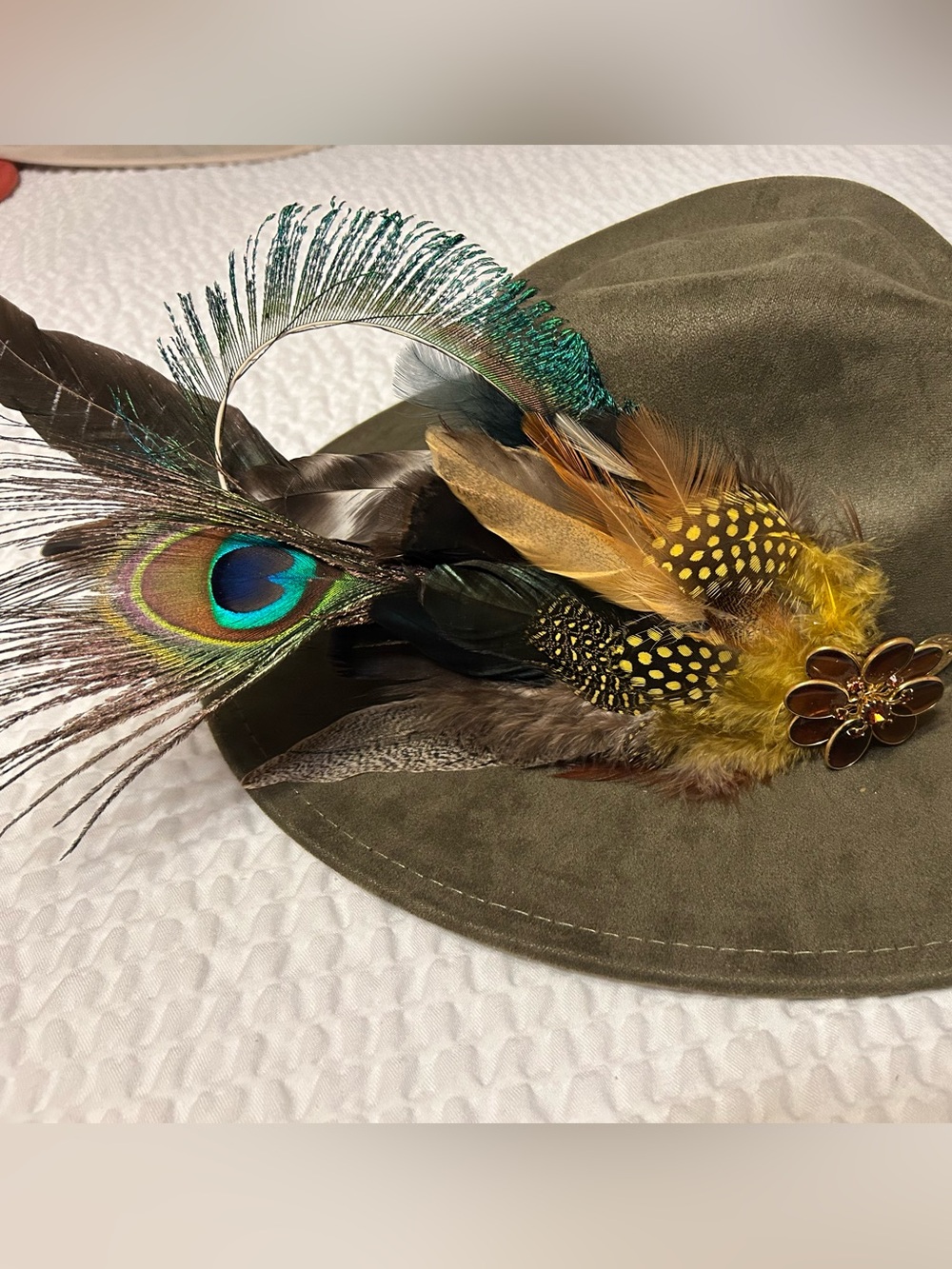 Olive Felt Feather Fedora with Peacock Accent